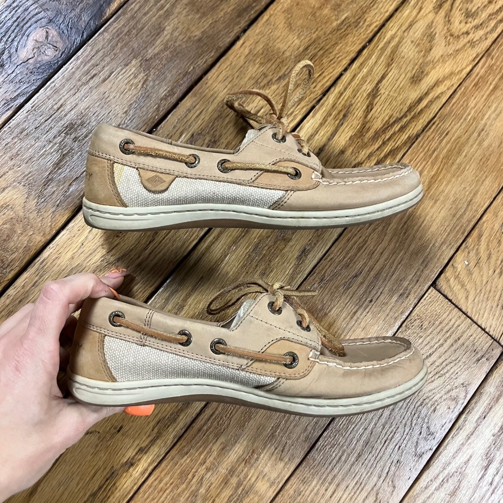 Sperry‎ Top-Sider Women Tan Leather Fabric Boat Shoes Size 5.5M